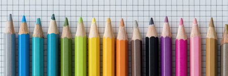 Colored pencils are neatly aligned beside clean lined notes on graph paper, creating a tidy workspace for studying and artistic projectsの素材
