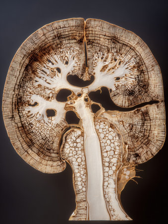 Detailed growth rings reveal the intricate structural features within a brain cross-section, showing the complex anatomy clearly.の素材