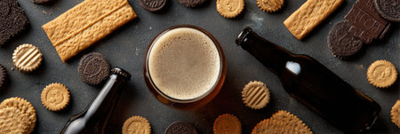 A central glass of beer sits surrounded by an assortment of cookies and bottle caps, creating a perfect spread for snack time with friends.の素材