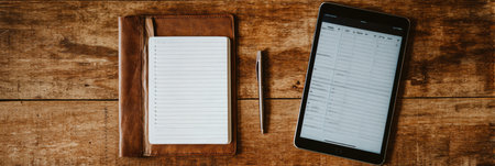 A tablet displays a digital planner next to a stylus on a clean wooden table, creating an organized workspace perfect for productivity and planning.の素材