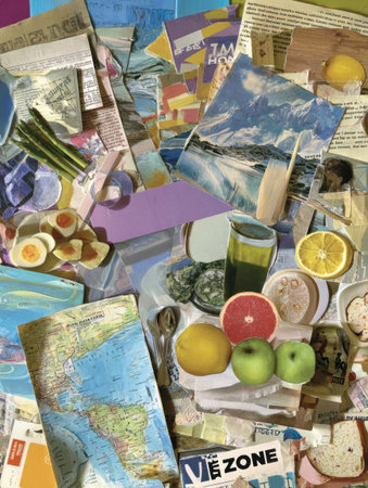 Colorful collage presents various cut-out goals, including maps, health-related images, and symbols of balance and wellness.の素材