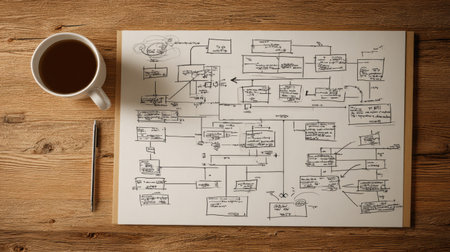 A creative workspace features a detailed mind map sketch on a wooden desk, open branches allow for new concepts, accompanied by a coffee cup and a pen.の素材