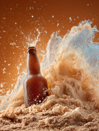 A wave of frothy beer spills dramatically over a bottle, creating a striking visual with contrasting hues and dynamic splashes, set in a warm atmosphere.の素材