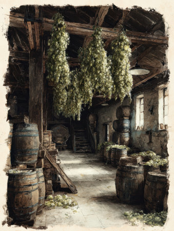 An inviting rustic brewery interior features hops drying from the ceiling, wooden barrels lining the walls, and a charming, aged aesthetic.の素材