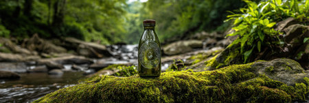 A craft bottle sits on a moss-covered rock, surrounded by a tranquil stream and vibrant greenery, capturing a peaceful moment in nature.の素材