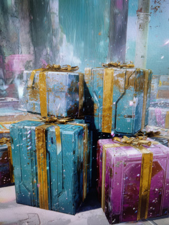 A glitched banner ad showcases a vibrant collection of gift boxes stacked together, adorned with shiny gold ribbons, creating an eye-catching display.の素材