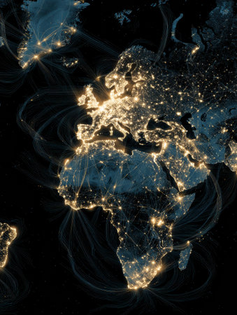 Students from various countries are interconnected through a glowing network, highlighting global collaboration and knowledge sharing among global learnersの素材