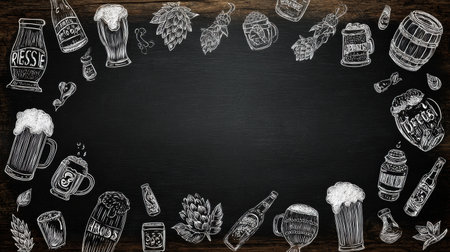 The chalkboard showcases detailed beer illustrations and icons, with a central area for more creativity in the local pub.の素材