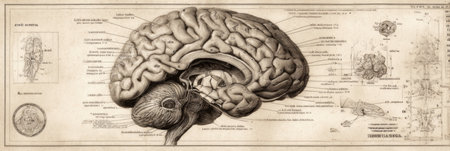 A detailed vintage anatomical study of the human brain with labeled areas and space for notes, reflecting 19th-century illustration techniques.の素材