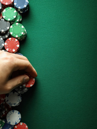 Hand moves colorful chips on a green table background, emphasizing the action of betting in a competitive casino environment, showcasing excitement and focus.の素材