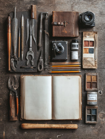 A collection of vintage and digital creative tools prominently features an open notebook at the center, showcasing the integration of art and innovationの素材