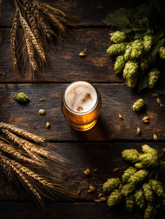 Hops and barley arranged artistically around a glass of beer on a wooden table, showcasing elements of brewing in a warm, inviting light.の素材