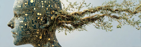 A digital face combines intricate circuit patterns with organic roots, symbolizing the fusion of technology and nature set against a smooth, minimal backdrop.の素材