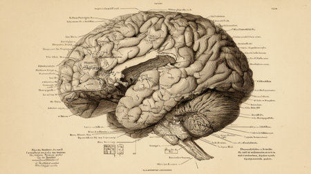 Anatomical study showcases a vintage illustration of the human brain with labeled regions indicating different functions from a historical perspective.の素材