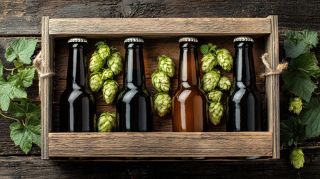 Artisan beer bottles arranged in a rustic wooden crate with fresh hops scattered around, set against a dark wooden backdrop for a cozy brewery feel.の素材