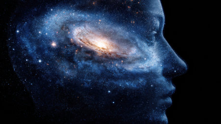 A human profile showcases a galaxy within the brain, set against a vast space backdrop, inviting reflection and exploration of imagination and creativity.の素材