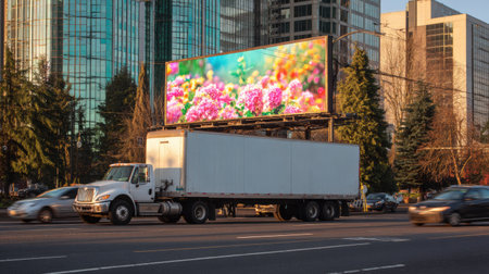 A moving truck with a vibrant floral advertisement drives through bustling city traffic as sunset casts warm light on the skyscrapers around.の素材