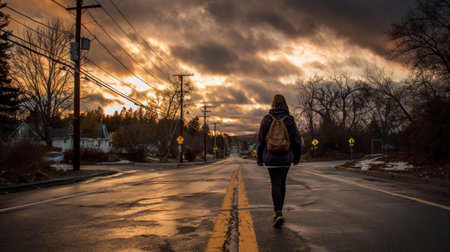 A student walks home alone after taking an exam, surrounded by moody lighting and an open road stretching into the distance, with dark clouds above.の素材