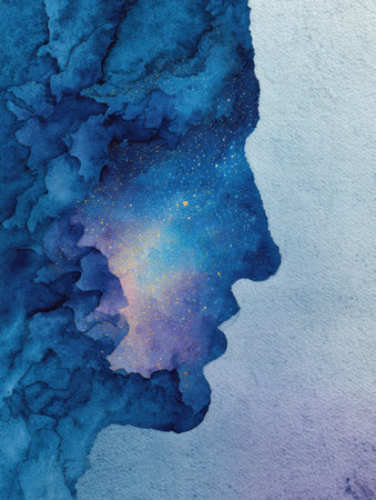 A watercolor artwork captures a head profile filled with a vibrant galaxy, featuring swirling colors and an expansive cosmos, while the left zone remains blank.の素材