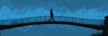 A student stroll silhouettes across a bridge formed by colorful brainwaves, embodying the journey of learning and innovation during twilight hours.の素材