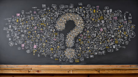 A chalkboard displays a labyrinth of ideas and sketches, culminating in a prominent question mark, with areas in the upper section fading slightly.の素材