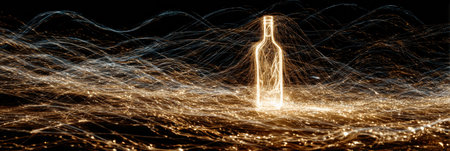 A bottle silhouette glows with light painting, surrounded by swirling golden sparkles on a dark background, creating a captivating effect.の素材