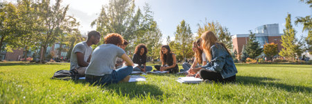 Students engage in collaborative studying on a lush green lawn under a bright sky, surrounded by nature and trees in a peaceful atmosphere.の素材