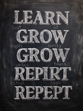 Handwritten affirmations on a chalkboard emphasizes the themes of learning and growth, illuminated by bright daylight, inspiring motivation and reflection.の素材