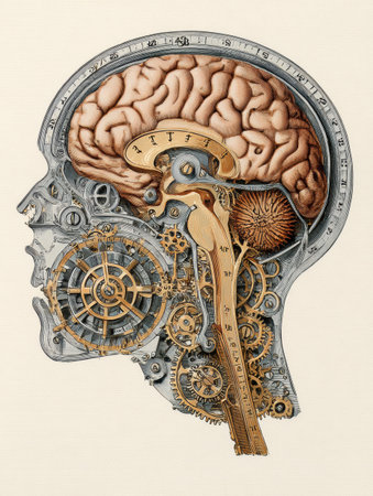 Intricate clockwork gears surround a brain depicted in vintage steampunk design, showcasing mechanical elements with a blank right zone for creativity.の素材