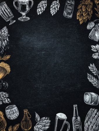 A chalkboard adorned with artistic sketches of various beer types and related icons, leaving space in the center for personalized messages or menus.の素材