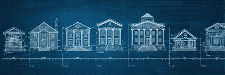 Stylized blueprint illustrates the progression of various educational buildings over time, showing architectural styles and historical significance.の素材