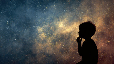A child silhouette reflects deep thought, filled with a galaxy of stars and cosmic wonders, as the top space gradually fades into darkness.の素材