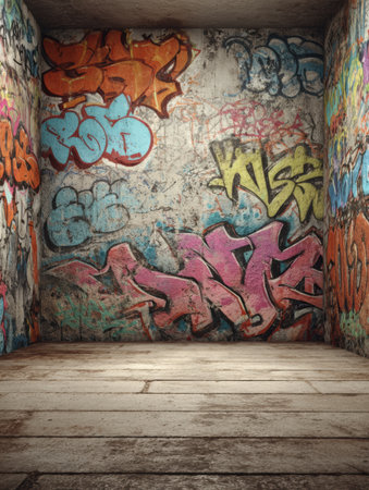 Urban art featuring vibrant graffiti fills the walls of this enclosed area, offering a unique backdrop for artistic messages and creative expression.の素材