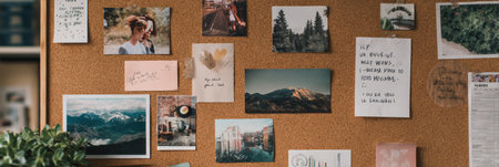 Cork board features a vibrant collage of photos, affirmations, and a progress chart, inspiring motivation in a thoughtfully arranged workspace.の素材