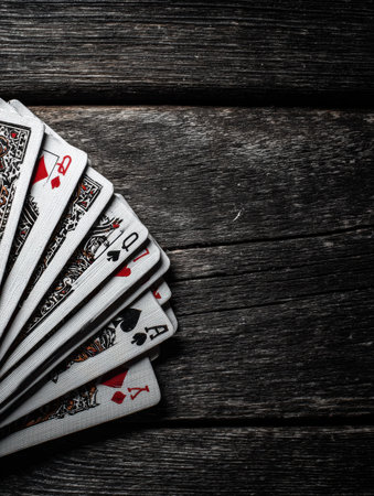 A deck of cards fans out on a dark wooden table, showcasing vibrant patterns with space on the left for more items or activities.の素材