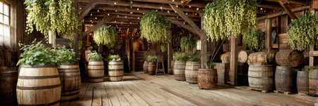 Explore a charming brewery space with rustic decor, showcasing hops suspended from the ceiling and numerous wooden barrels lining the floor.の素材