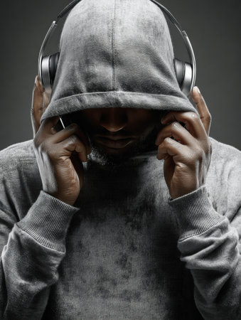 A person in a faded hoodie and headphones appears focused as they engage in a tech support call center scenario, embodying signs of potential fraud.の素材