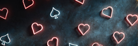 Colorful neon hearts drift through the darkness, creating a striking contrast against the moody wall background, enhancing the overall atmosphere.の素材