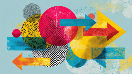 A vision board features vibrant colors and arrows representing various career paths, designed to inspire clarity and direction in professional goals.の素材