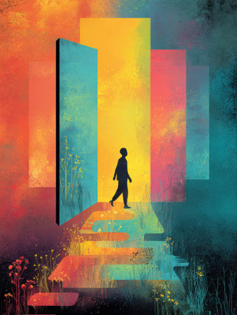 A figure walks through colorful doorways representing different life stages, one doorway glowing brightly and open, inviting exploration and change.の素材