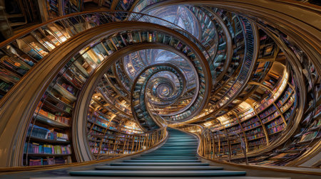 Spiral shelves curve upward in a mystical library, guiding a traveler through a whimsical journey filled with knowledge and imagination.の素材