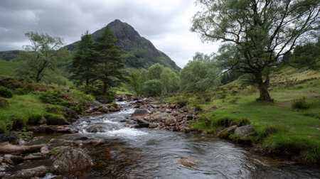 Serene landscape featuring a flowing stream with scattered rocks, bordered by trees under a cloudy sky, set against a distant mountain peak.の素材