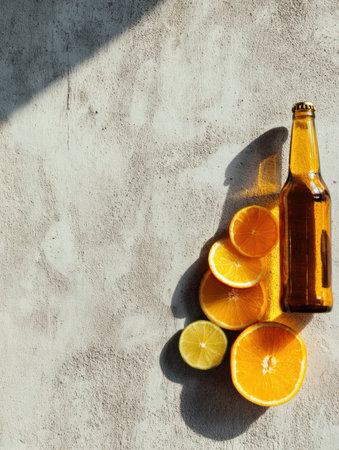 Sliced oranges, lemons, and limes are placed next to a light beer bottle on a concrete surface, illuminated by soft daylight from above.の素材