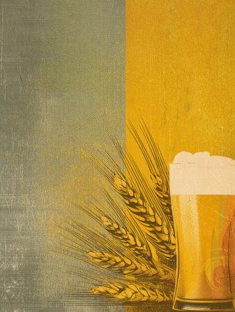 Vintage-inspired beer poster showcases a frothy glass and golden grains against a warm, faded background, evoking a nostalgic brewing atmosphere.の素材