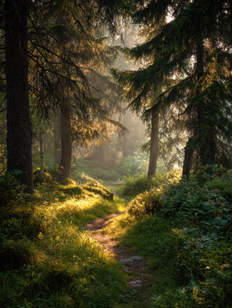 A winding path through a tranquil forest reveals soft sunlight and mist, inviting exploration and symbolizing the journey of learning and discovery.の素材
