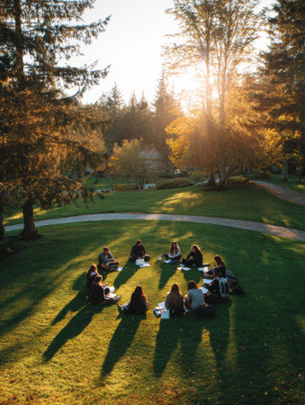 Students are gathered on the grass, engaged in study and discussion as sunlight filters through nearby trees in a beautiful outdoor setting.の素材