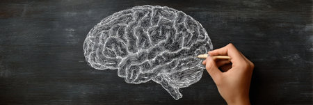 A skilled hand meticulously illustrates a brain diagram using a chalk effect on a dark surface, leaving an area above for additional notes or titles.の素材