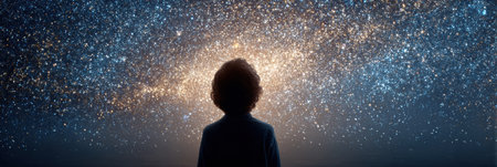 Curious child stands against a cosmic backdrop, gazing at the vast universe filled with twinkling stars and distant galaxies during a serene night.の素材