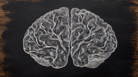 Detailed chalk drawing depicting the various lobes of the human brain on a black chalkboard background, emphasizing the left and right hemispheres.の素材