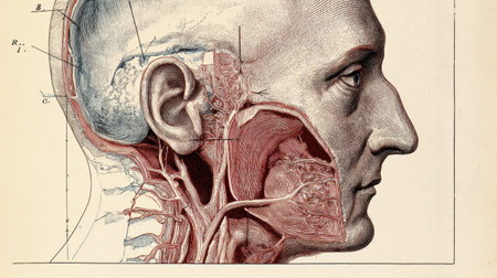 Illustration shows a cross-section of the human head, highlighting blood vessels, nerves, and facial structures for scientific study.の素材